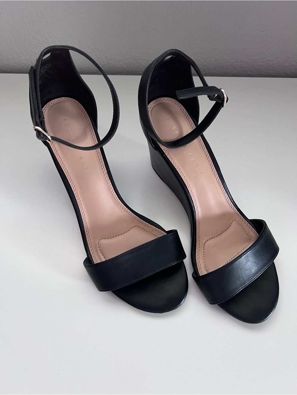 Kelly & Katie Black Leather Wedge Sandals with Ankle Strap